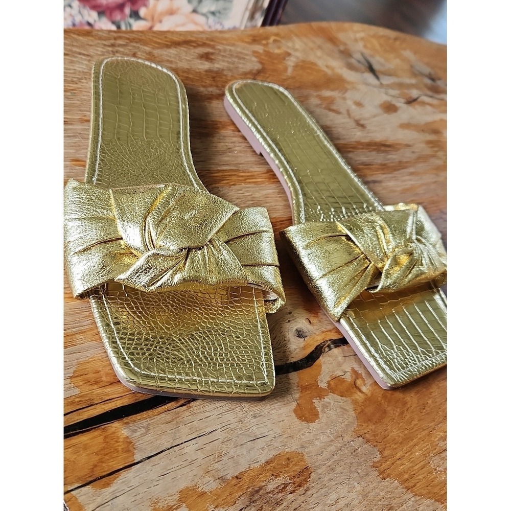Metallic Gold‎ Knotted Croc Embossed Slides Flats Square Toe EUR 43